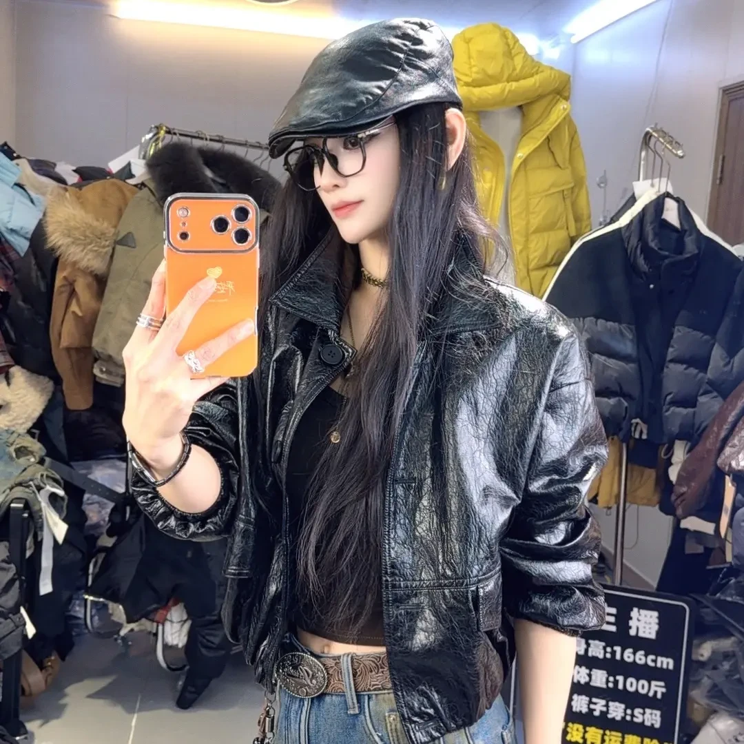 【A缪大大笑笑力推】25228新品小众设计师款油蜡皮短款皮衣外套