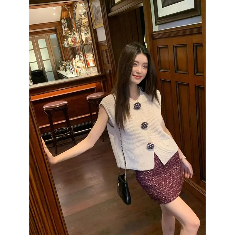 富家千金气质衣服小众无袖背心上衣高腰显瘦包臀亮片性感半身裙女