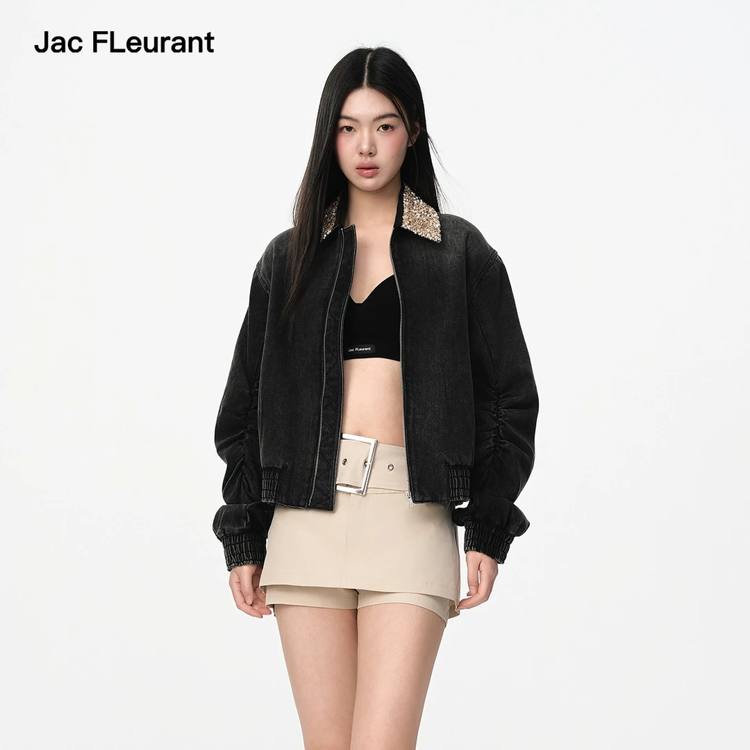 JAC FLEURANT春夏新品袖口褶皱亮片拼接牛仔外套宽松时髦