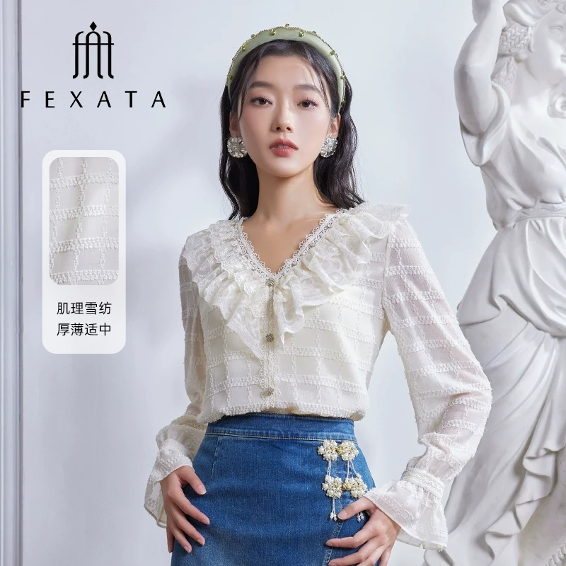 FEXATA斐格思2025夏季新品肌理感浪漫荷叶边气质V领长袖衬衫女