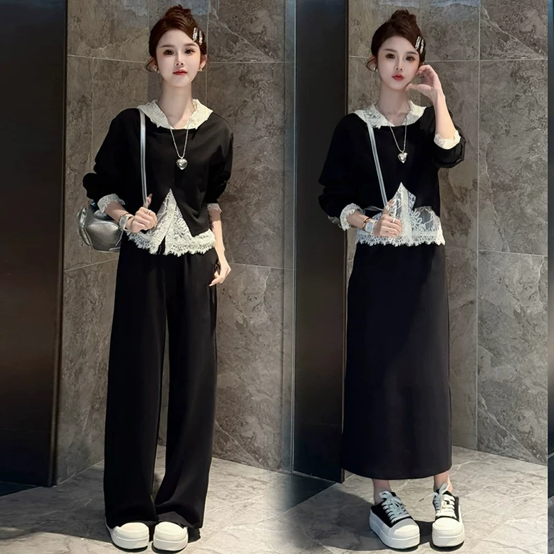 【芭雅莲】时尚套装女春季新款洋气质显瘦蕾丝拼接连帽卫衣阔腿裤减