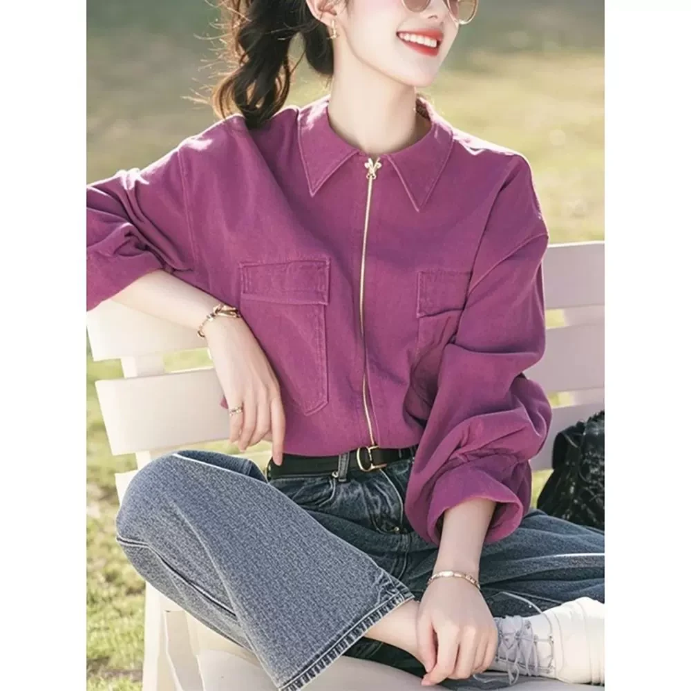 紫色拉链翻领衬衫女2025秋季新款宽松洋气减龄设计感独特别致上衣