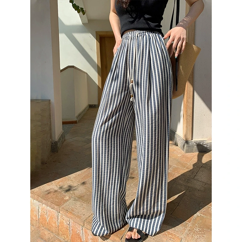 梅子熟了 亚麻肌理感条纹阔腿裤女春夏简约休闲百搭高腰直筒长裤