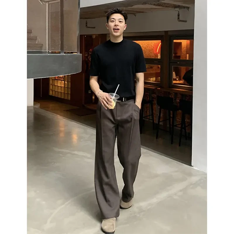 日系复古咖啡色vintage裤子男款夏季冰丝西裤垂感高级感直筒长裤