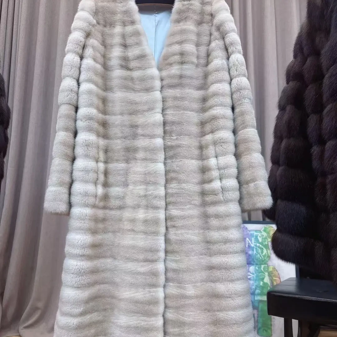 米黄微领长款全抽刀秋冬女士貂貂外套衣长102胸围114