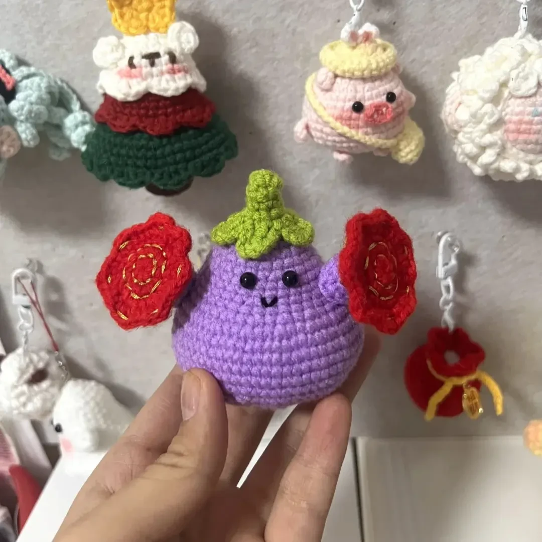 手工钩织可爱二人转茄子毛线材料diy自制送礼物钥匙扣玩偶kx
