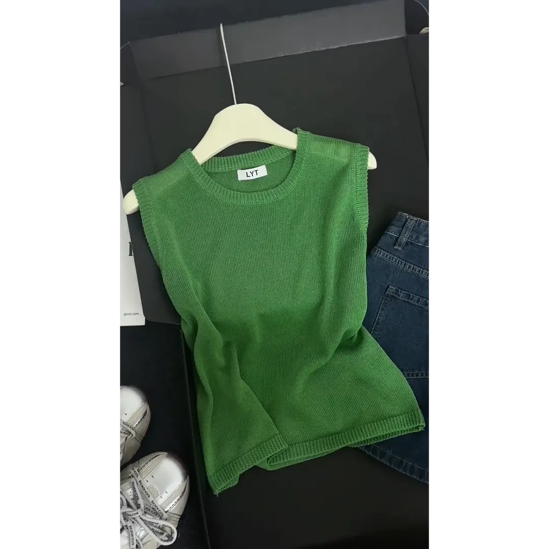 外贸剪标打底薄款针织衫无袖背心针织衫女绿色百搭设计感宽松上衣