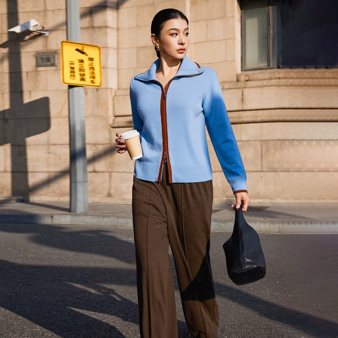 PLUSMALL 冰岛暖阳 软糯撞色立领双开拉链落肩开衫