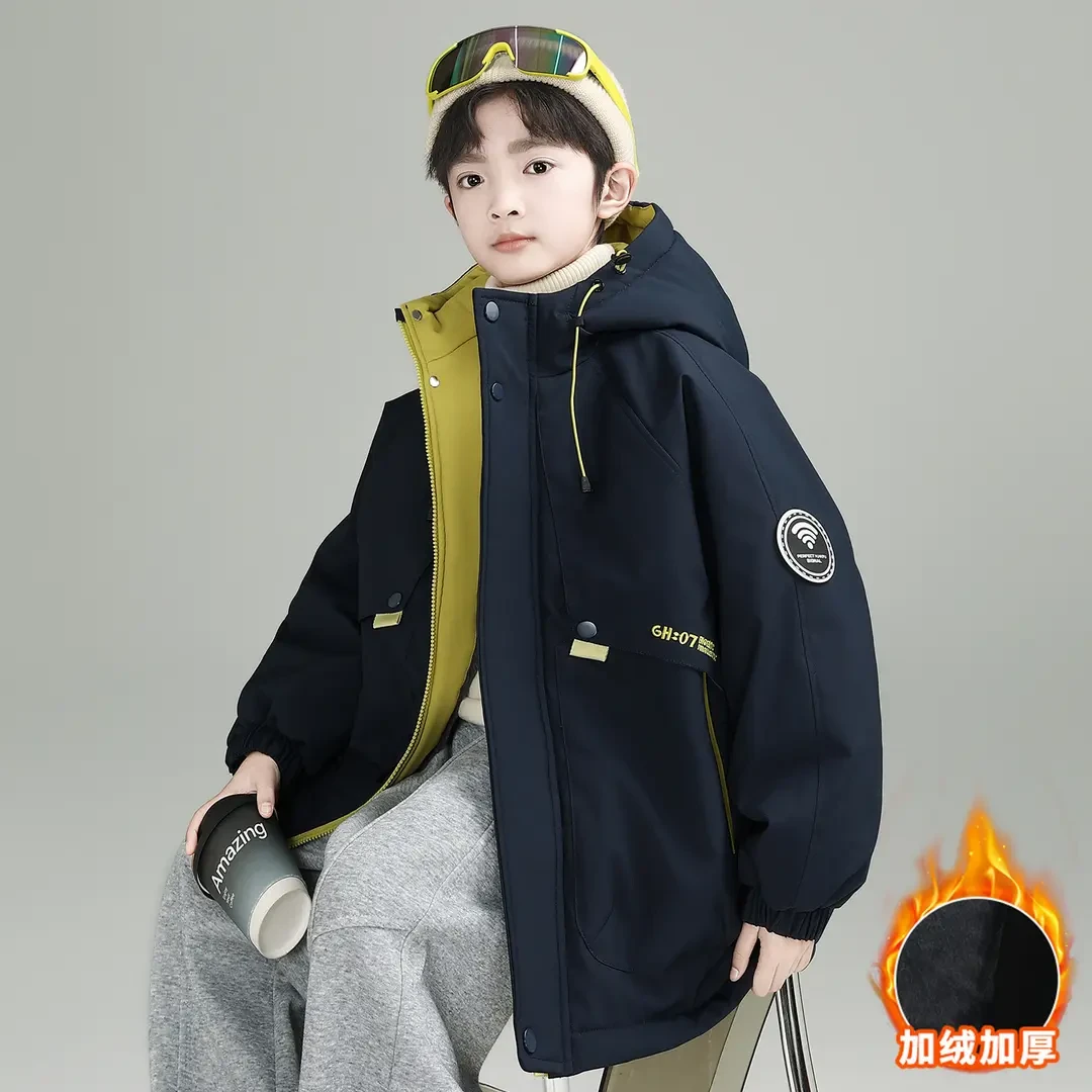 男童加绒加厚服外套棉服冬季中大童帅气韩版炸街棉衣儿童上衣
