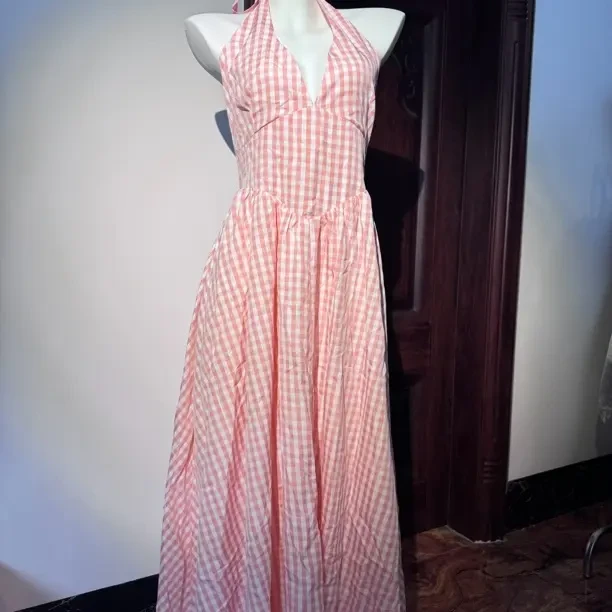 气质法式甜美粉格挂脖吊带连衣裙