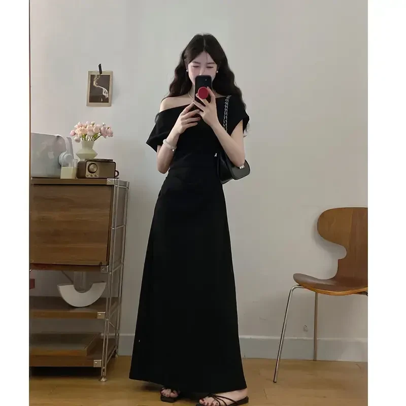 纯欲包臀收腰长裙大码夏季新款微胖mm一字肩连衣裙法式洋气裙子
