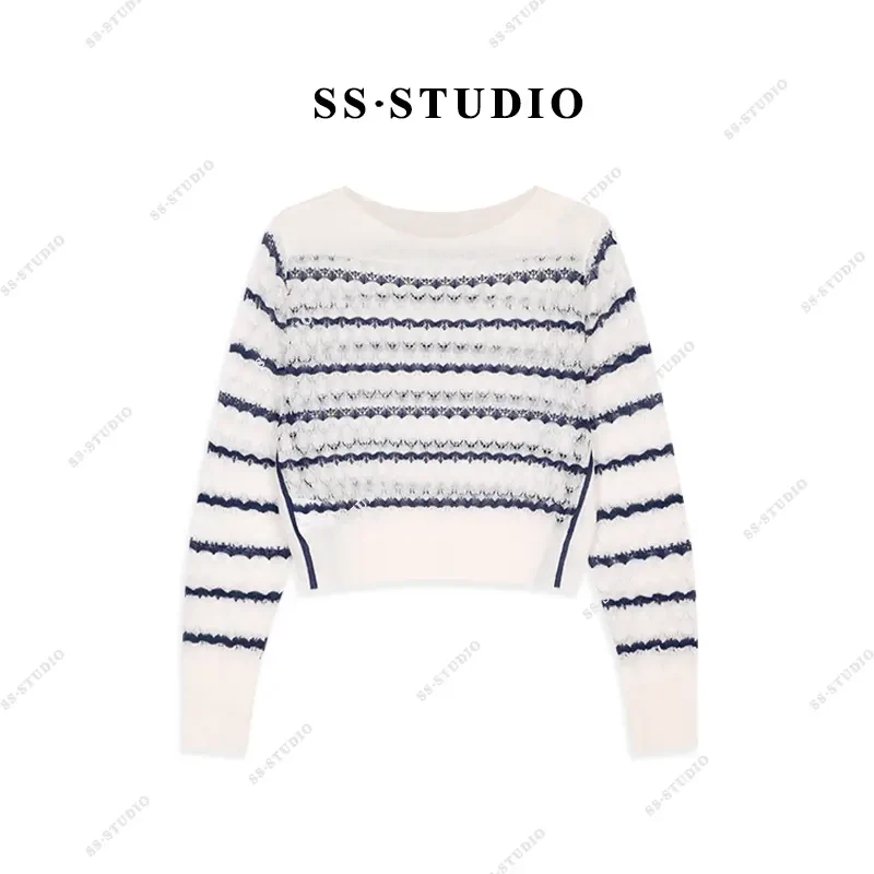 【SUSU】夏季镂空条纹撞色长袖罩衫百搭宽松圆领针织上衣SS-5084