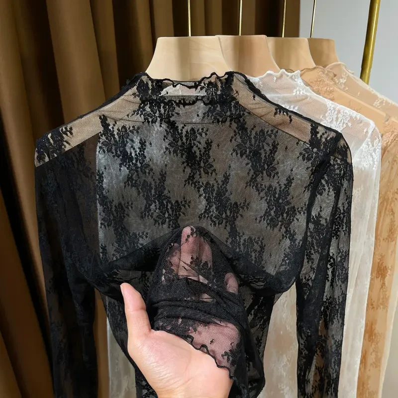 半高领蕾丝叠穿内搭小衫女秋冬2025新款透视网纱打底衫女长袖薄纱
