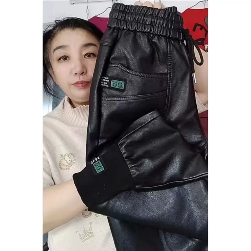 皮裤加绒加厚秋冬新款松紧腰弹力高腰黑色休闲百搭哈伦束脚铅笔裤