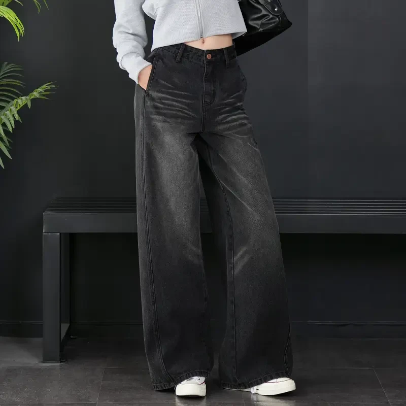 高级时尚磨白高腰黑色牛仔裤女秋冬新款阔腿裤百搭显瘦直筒拖地裤