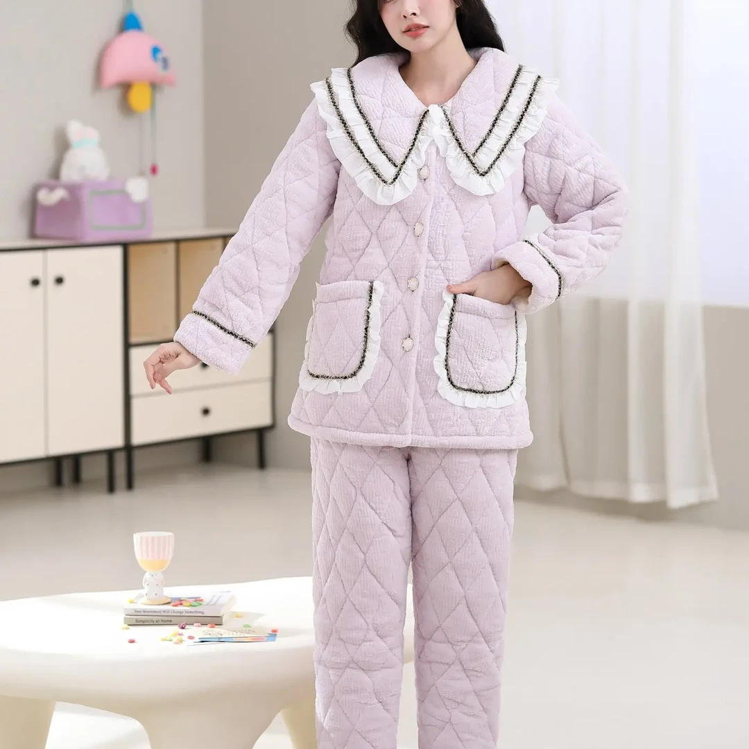 冬季三层夹棉加厚加绒法兰绒保暖睡衣女长袖连帽家居服可外穿