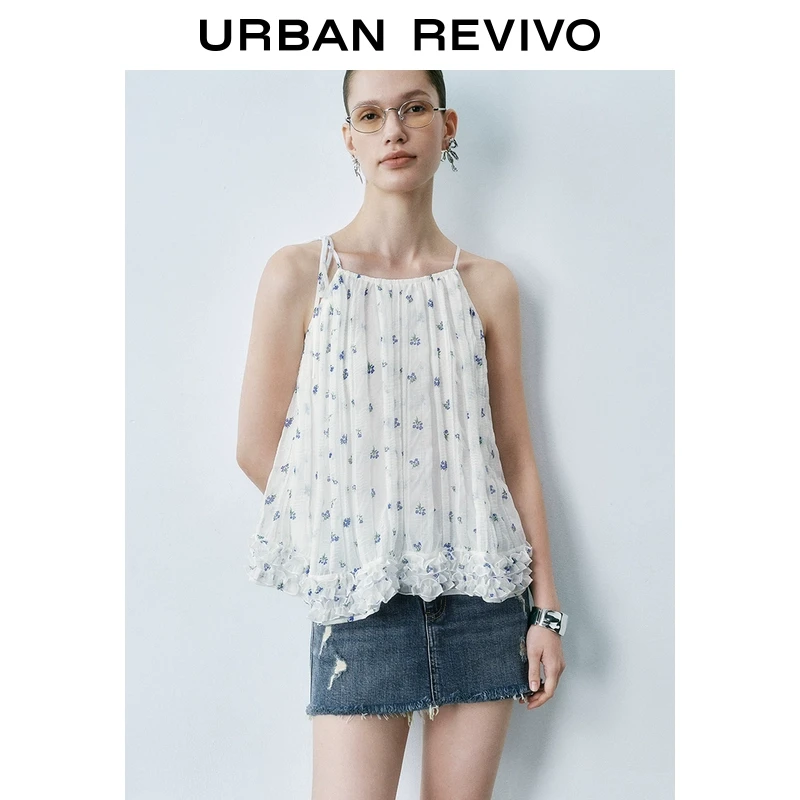 【一秒入夏】UR2025夏季撞色碎花吊带衫女装新款白色上衣UYU250056