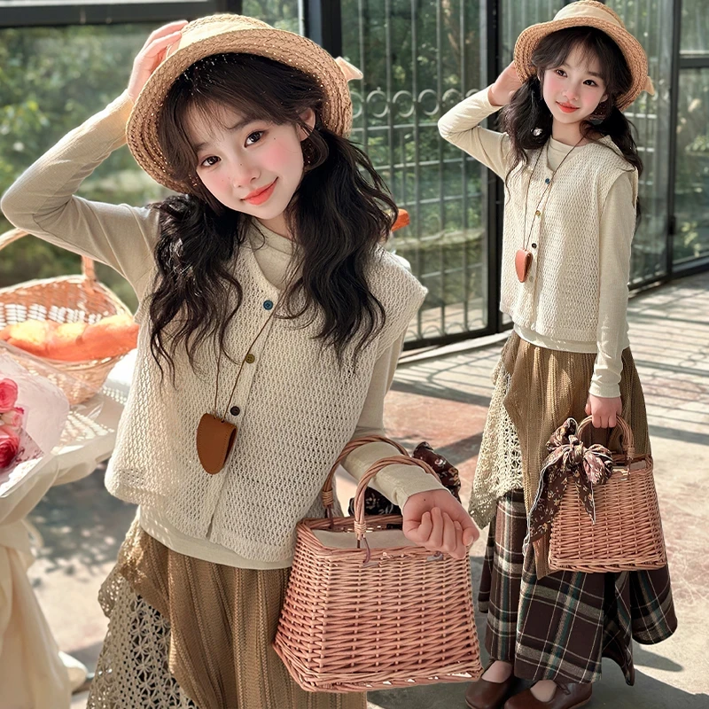 女大童秋装三件套洋气青少年初高中生废土风马甲打底衫半身裙套装