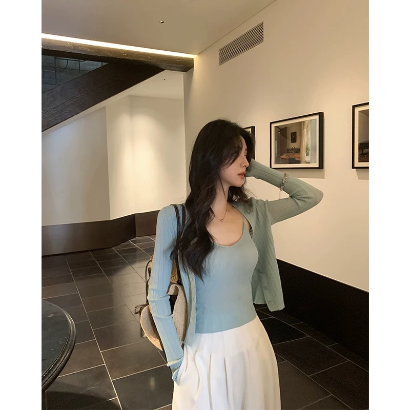 ADA MISS醋酸棉长袖针织显瘦开衫短外套+V领小弧度吊带女早春新款