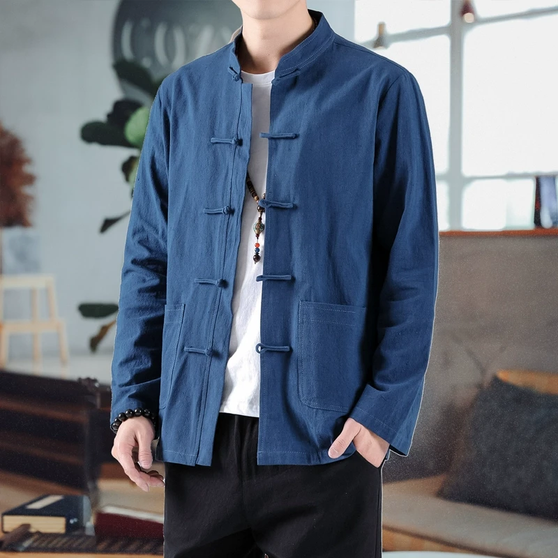 中国风唐装盘扣亚麻衬衫春夏季中式棉麻中山装外套复古禅茶上衣男