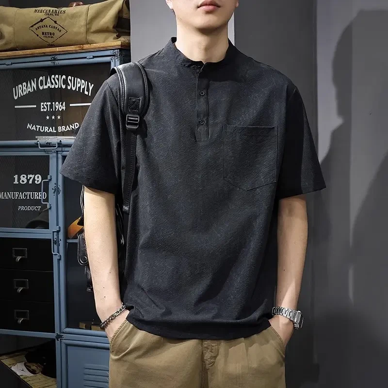 Cebrodz220G重磅竹节亨利领短袖t恤男士polo衫宽松透气