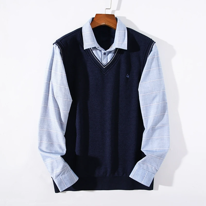 加绒保暖衬衫领假两件针织衫秋冬季厚实套头毛衣24XH0144