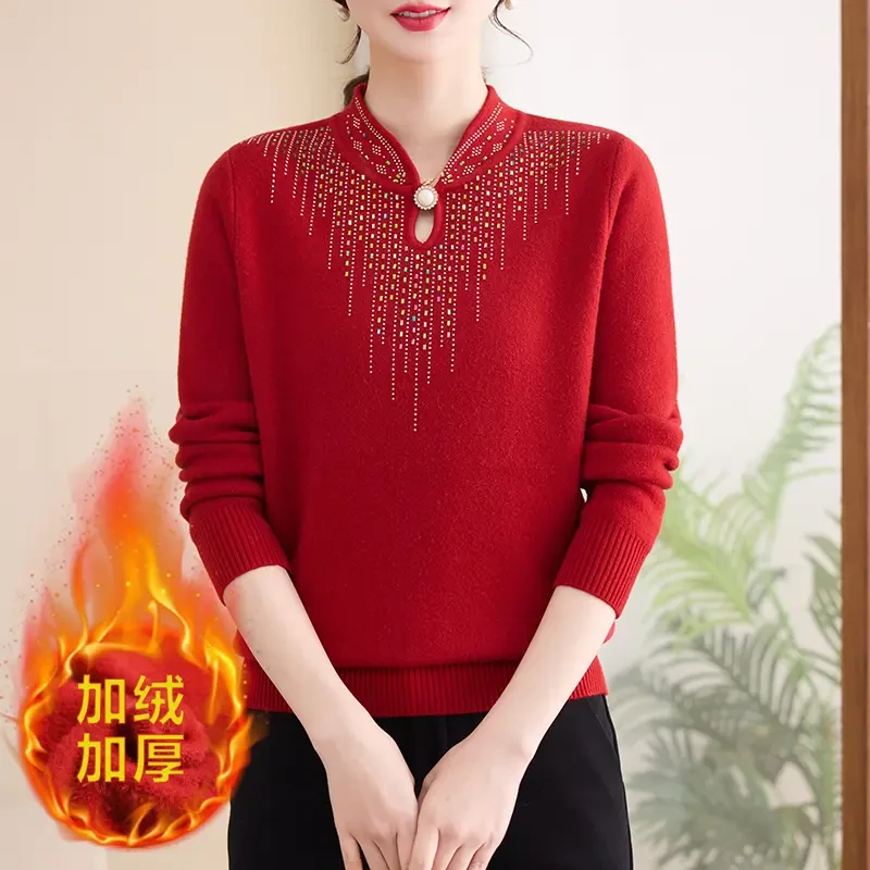 中老年人女秋冬季水貂绒毛衣加厚保暖上衣妈妈冬装大码针织打底衫