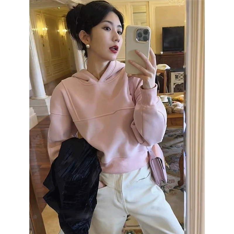 芯娇晴粉色加绒连帽卫衣女春春秋2025新款爆款欧货小个子短款上衣