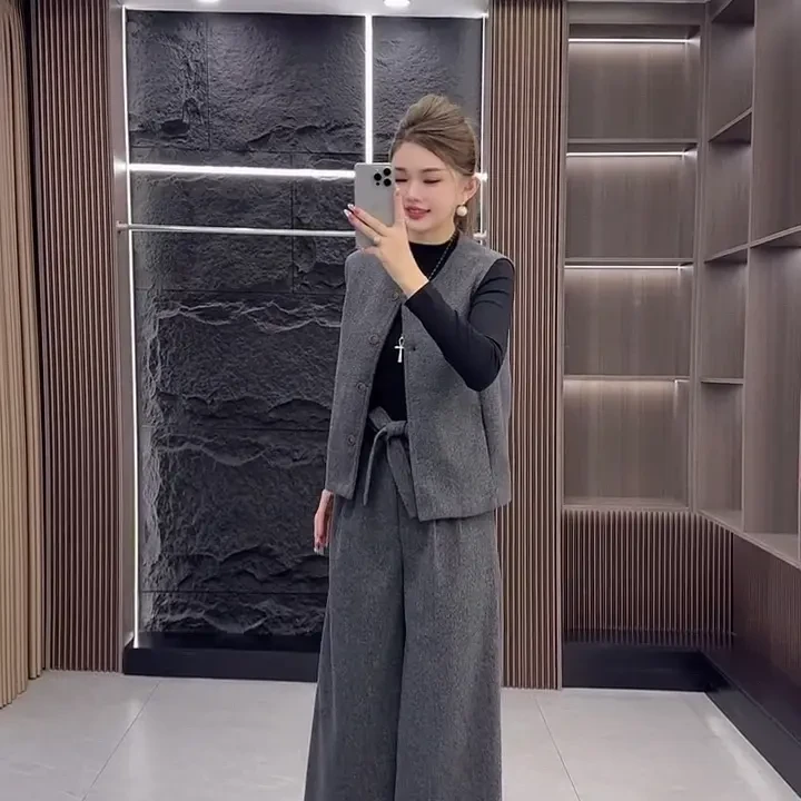 欧洲站时尚气质套装秋冬新款韩版高级感毛呢阔腿裤马甲内搭三件装