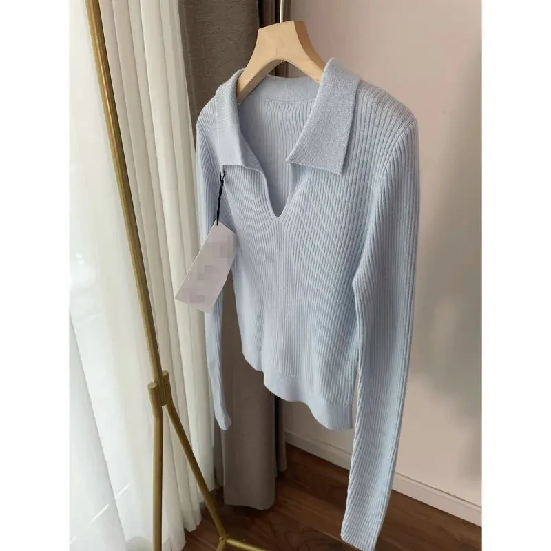 法式气质v领针织衫女春秋薄款polo领设计感小众打底内搭短款上衣