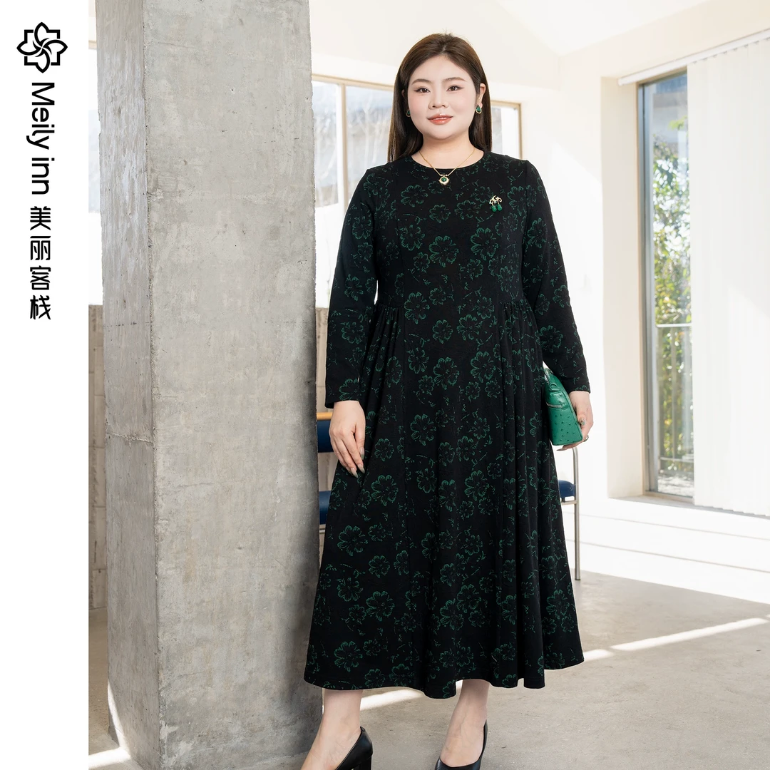 美丽客栈【不易皱】女式初秋大码印花裙针织连衣裙原创高端大码女装