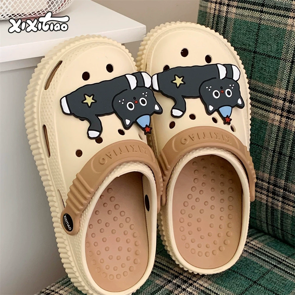 细细条 个性星星灰猫EVA沙滩鞋女学生户外厚底ins拿铁色洞洞鞋夏