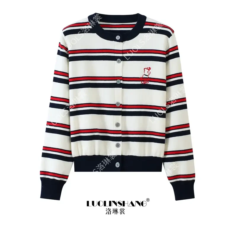 可爱修狗打底衫2025长袖条纹针织衫圆领mi u系开衫女