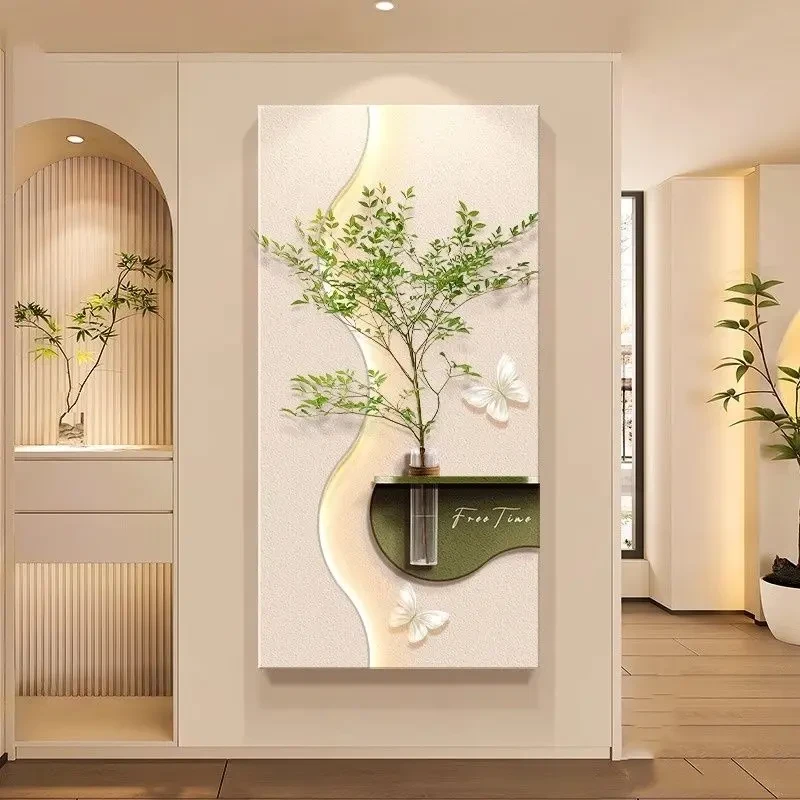奶油风玄关装饰画高级感水培绿植挂画入户走廊尽头砂岩肌理壁画