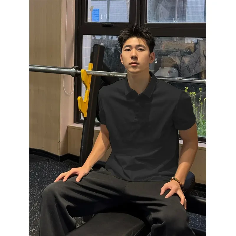 黑色重磅正polo衫短袖男夏季美式正肩衬衫领T恤轻熟风透气五分袖