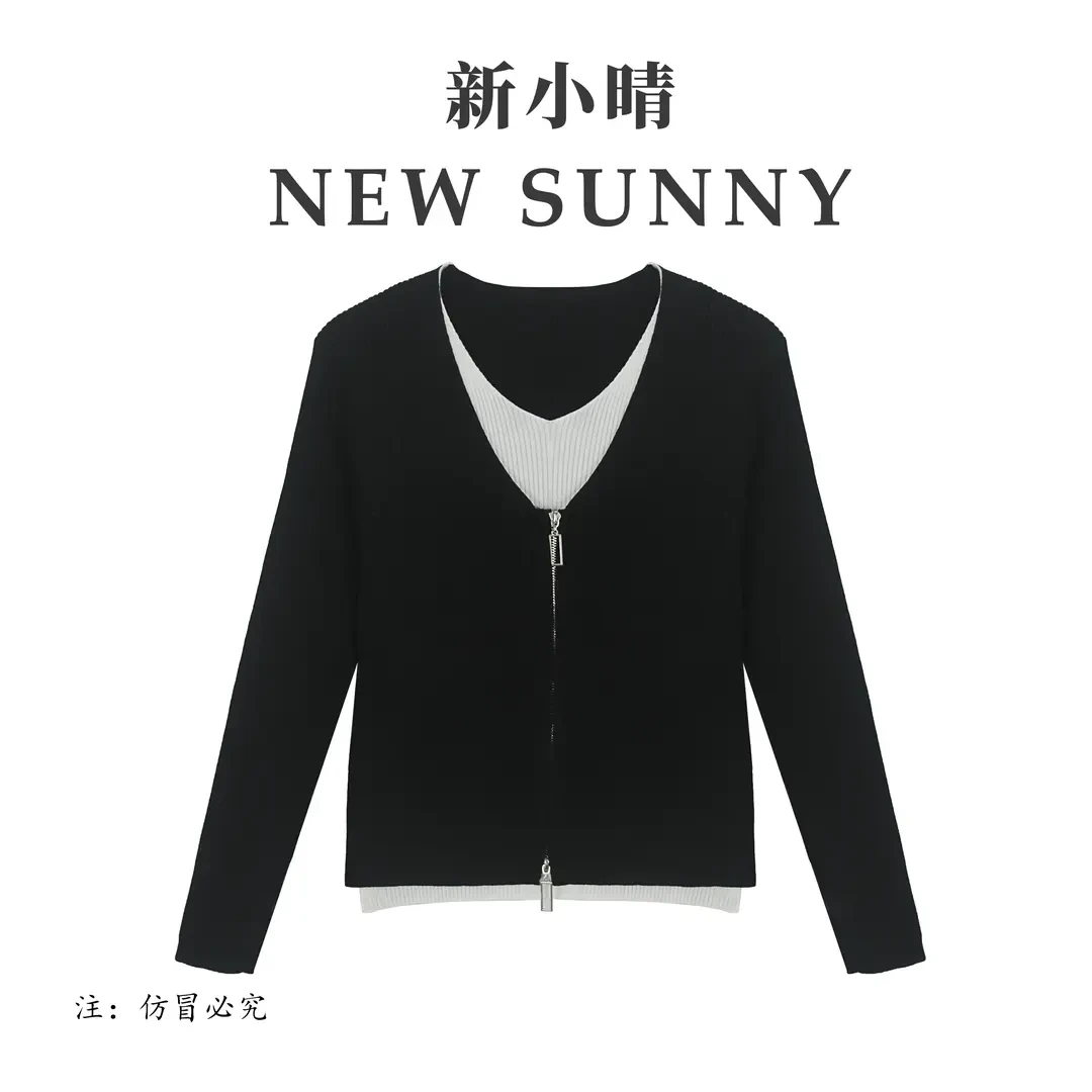 【妞妞】新款拉链宽松显瘦针织衫假两件0102769
