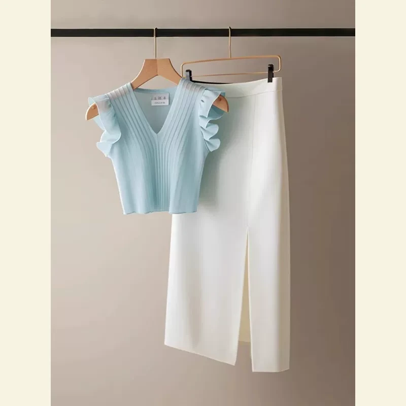 夏天搭配一整套时尚减龄高级感大方得体小香风蓝色上衣半身裙套装