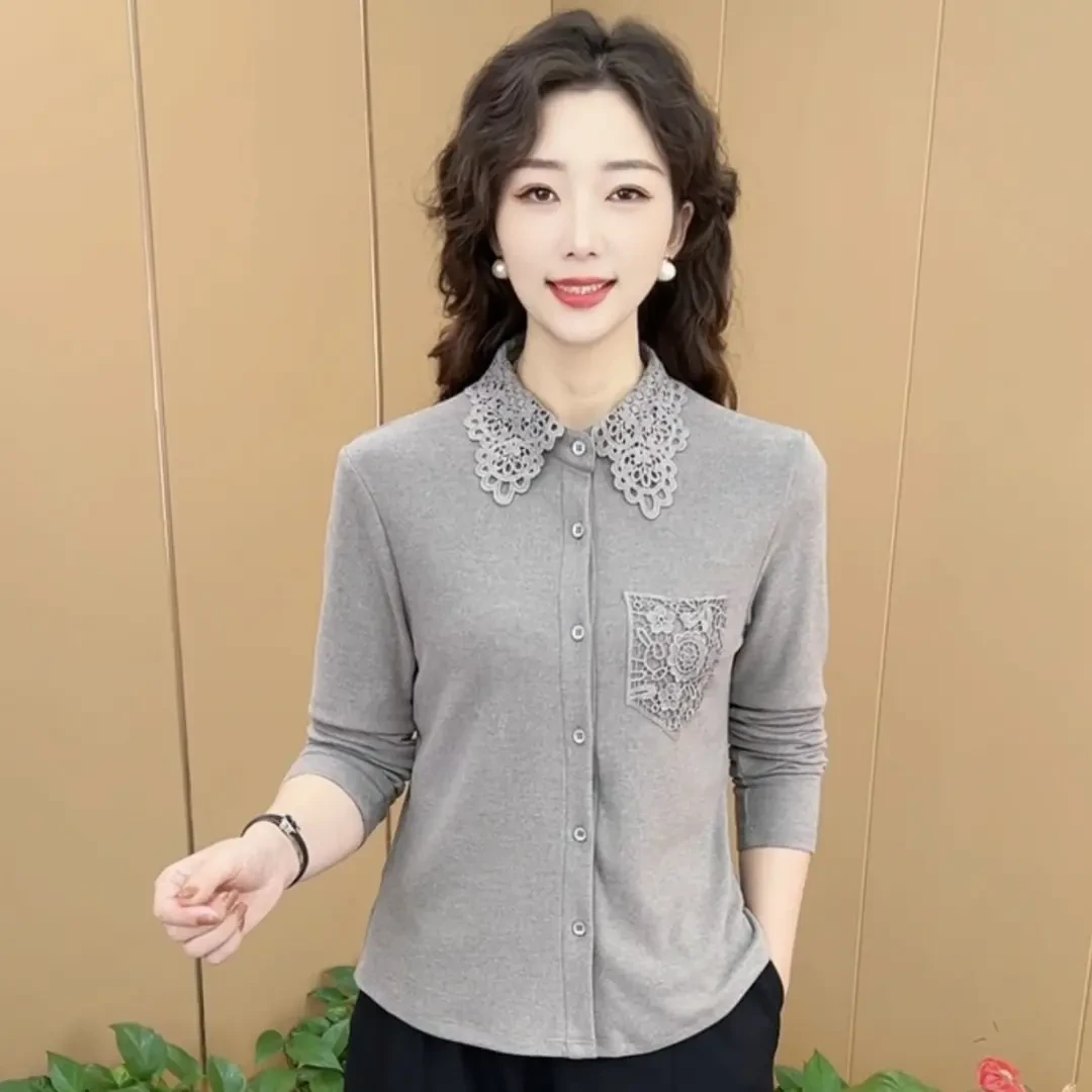秋冬新款蕾丝翻领纯色双面绒保暖打底衫显瘦百搭潮流妈妈装上衣