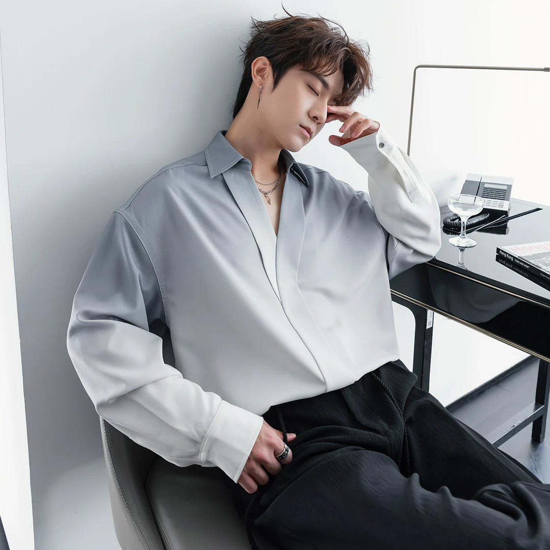 CHICERRO西西里男装渐变设计感痞帅休闲衬衣春季男士V领长袖衬衫