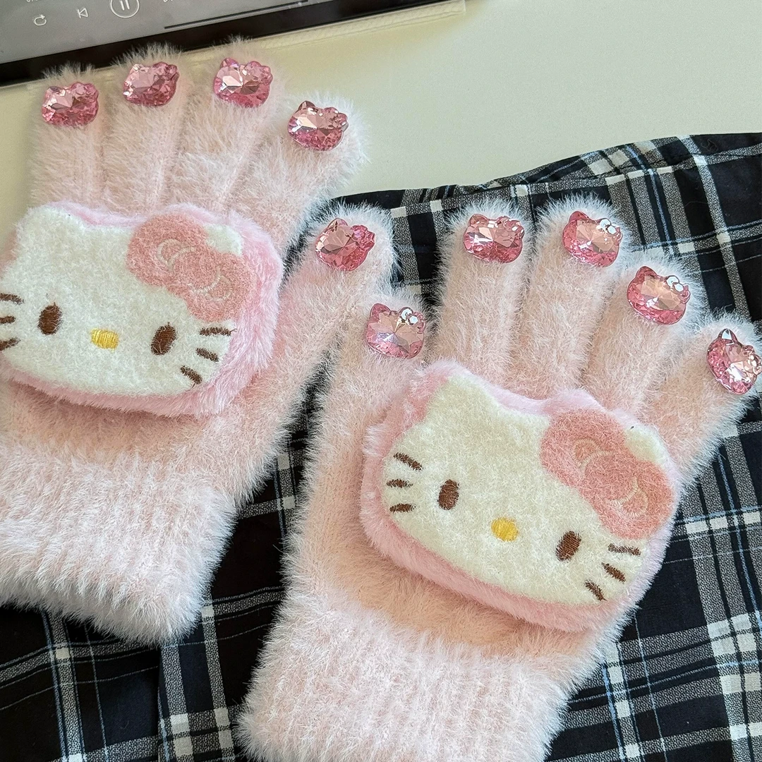 日系猫咪可爱粉色少女手套冬季毛绒蝴蝶结女可爱骑行防寒保暖TTT