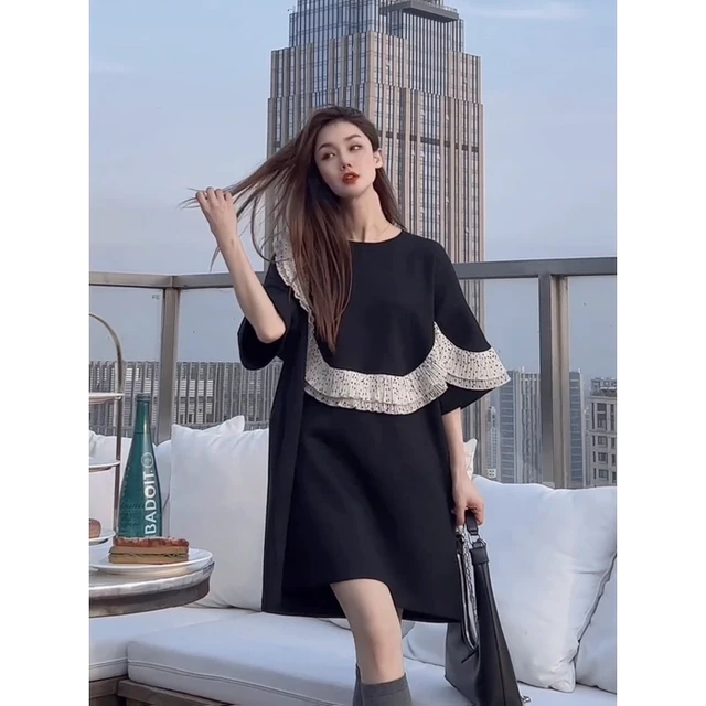 大码女装木耳边连衣裙中长款夏季时尚宽松显瘦短袖气质撞色裙子