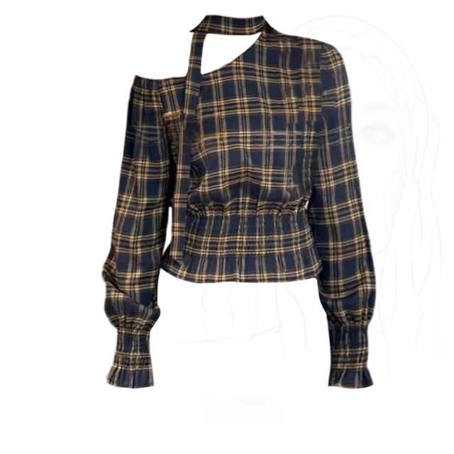 大码胖MM复古斜肩格纹长袖衬衫女秋季新款高级感气质收腰露肩衬衣