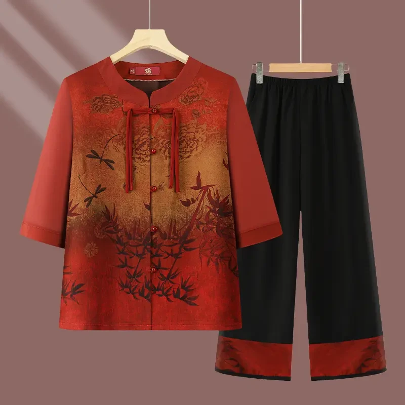 奶奶新中式套装中老年人夏装两件套妈妈中袖衬衫老太太短袖开衫女