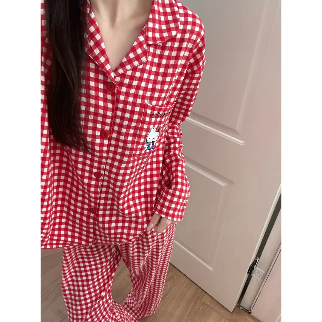红色格子hellokitty睡衣女云朵棉长袖长裤翻领家居服套装可外穿