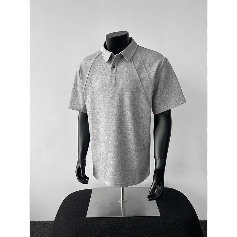 浅灰色螺纹拼接短袖男士t恤夏季短袖美式Polo衫潮牌大码宽松300斤