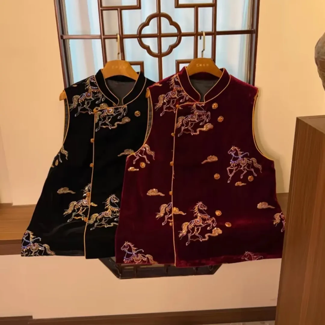 2026新款【马踏祥云】新中式刺绣提花无袖百搭马甲国风上衣春秋款