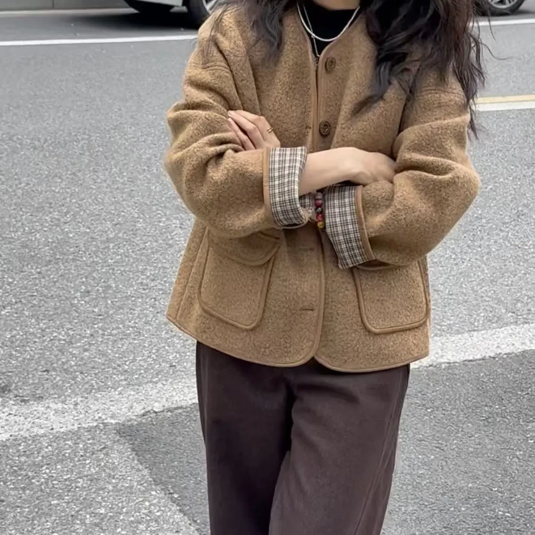 1308-直下摆女保暖纯色厚款圆领短外套气质毛呢大衣开衫
