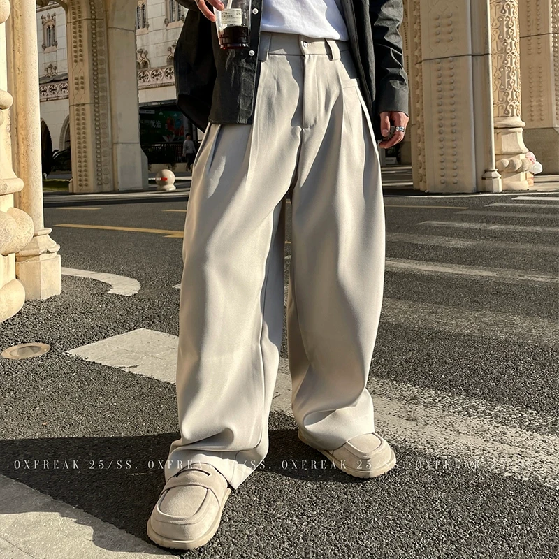 OXFREAK「内收褶A字版型」黑色休闲裤男宽松垂感弯刀裤子西裤