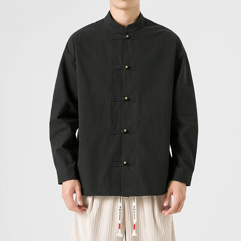 新中式唐装男士加大码胖子长袖衬衫中国风设计感小众铜扣宽松外套
