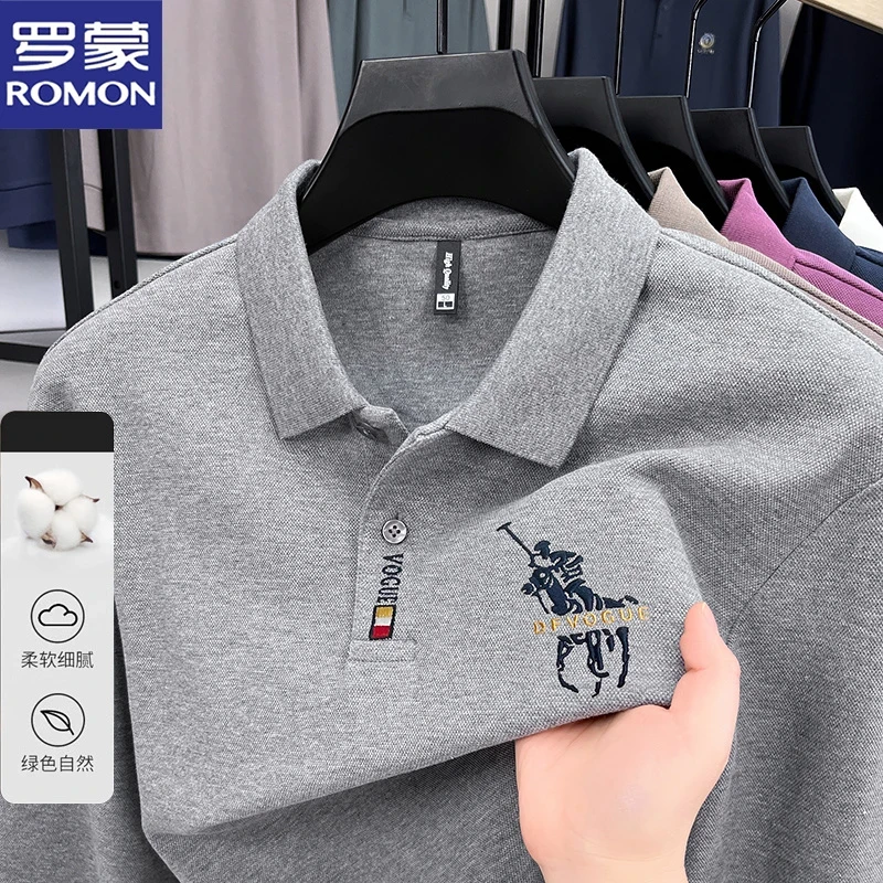 罗蒙重磅纯棉长袖T恤男士刺绣打底衫春秋新款商务休闲翻领POLO衫